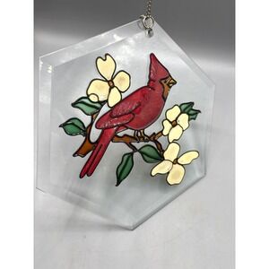 Cardinal Stained Glass Hexagon Sun Catcher With Chain Hanging Display